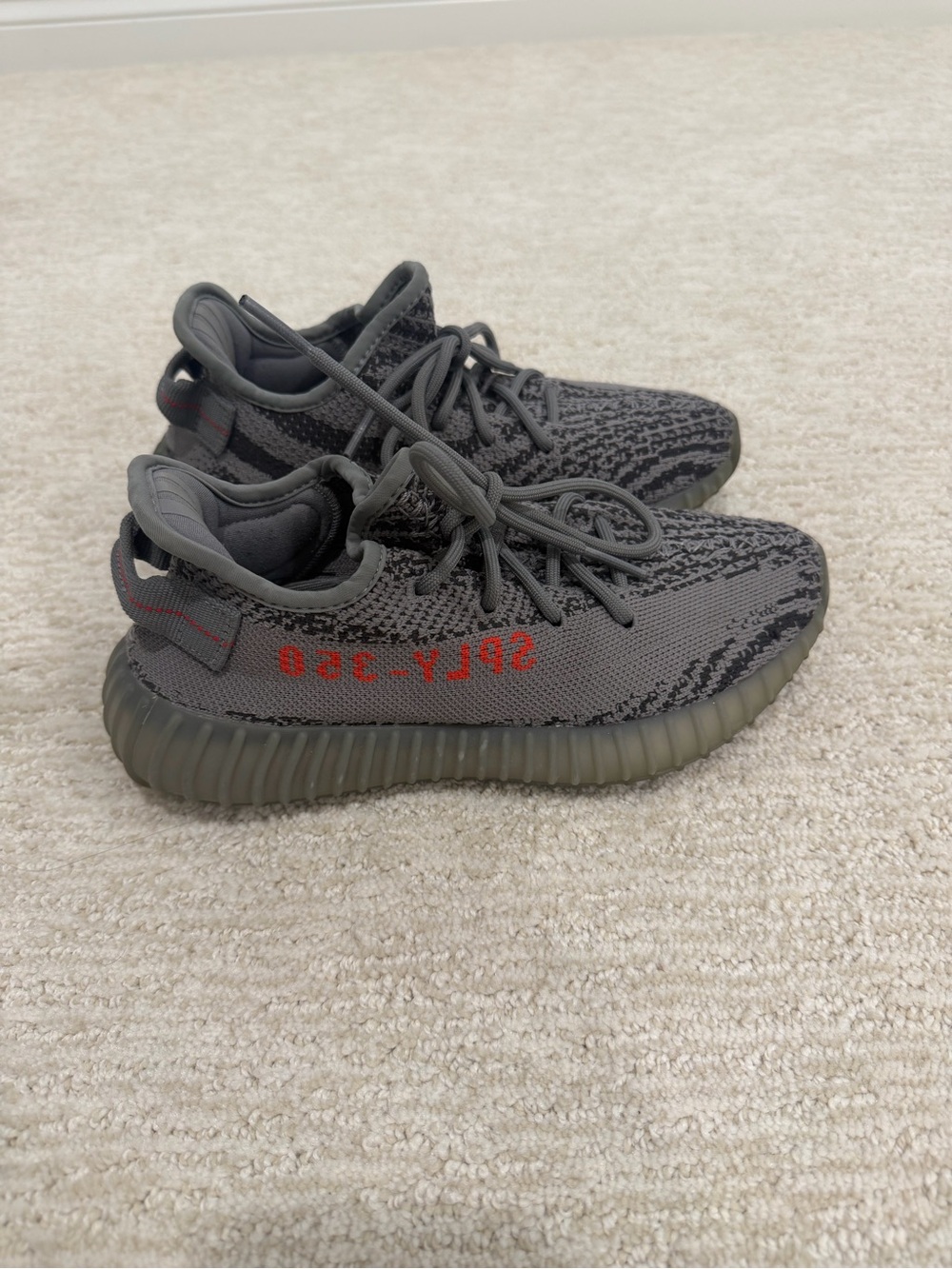 Yeezy Grey Knit Sneakers with Red Text